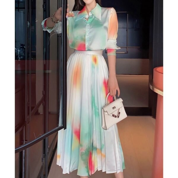 Spring New Suit Skirt Two-piece Western Style Fashionable Printed Shirt Pleated Skirt Elegant Graceful - Image 4