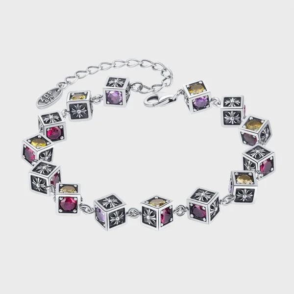 925 Sterling Silver Tide Square Cross Rainbow Zircon Dice Bracelet - Image 5