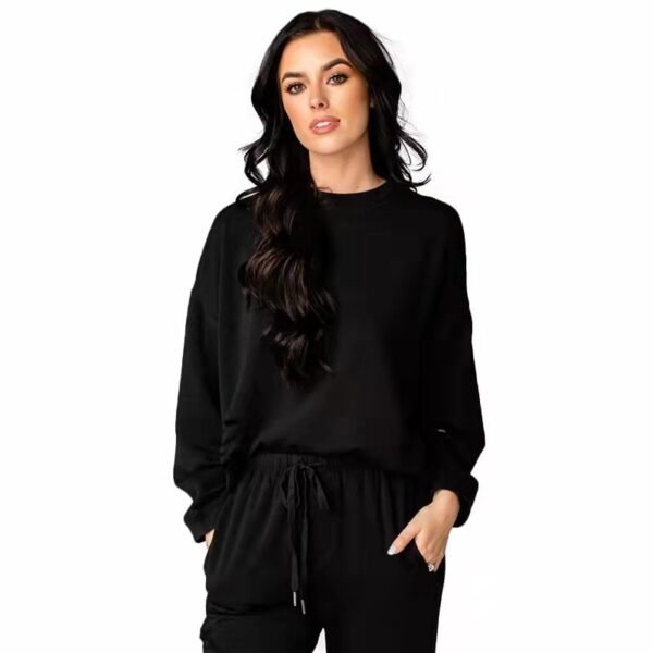 Women's Solid Color Ripped Round Neck Pullover Pants Casual Long Sleeve Sweatshirt Cotton Suit - Image 3