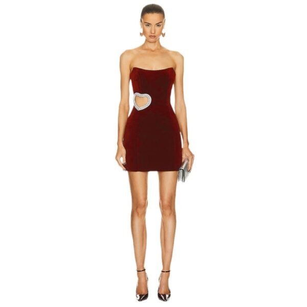 Women's Wine Red Hollowed Heart Shape Diamond Tube Top Dress - Image 5