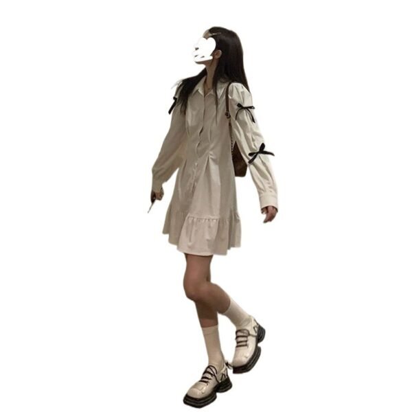 Bow Shirt Dress Women Polo Collar White Long Sleeve Short Dress - Image 6