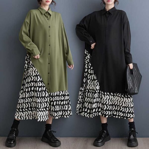 Loose Casual Print Patchwork Shirt Dress Minority Fashion