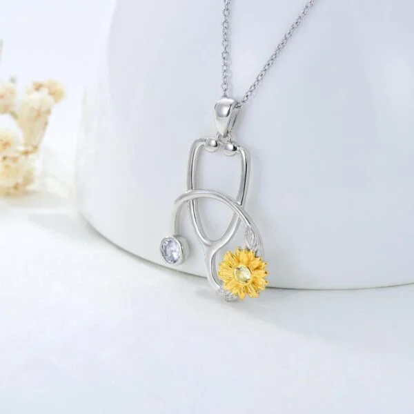 925 Sterling Silver Sunflower Stethoscope Medical Doctor Nurse Student Graduation Pendant Necklace - Image 3