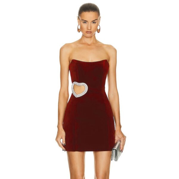 Women's Wine Red Hollowed Heart Shape Diamond Tube Top Dress - Image 4