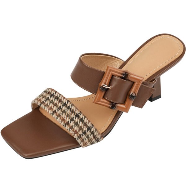 Belt Buckle Plaid Square Slippers With Stiletto Heels - Image 4