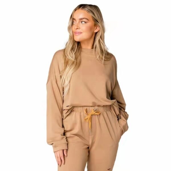 Women's Solid Color Ripped Round Neck Pullover Pants Casual Long Sleeve Sweatshirt Cotton Suit - Image 4