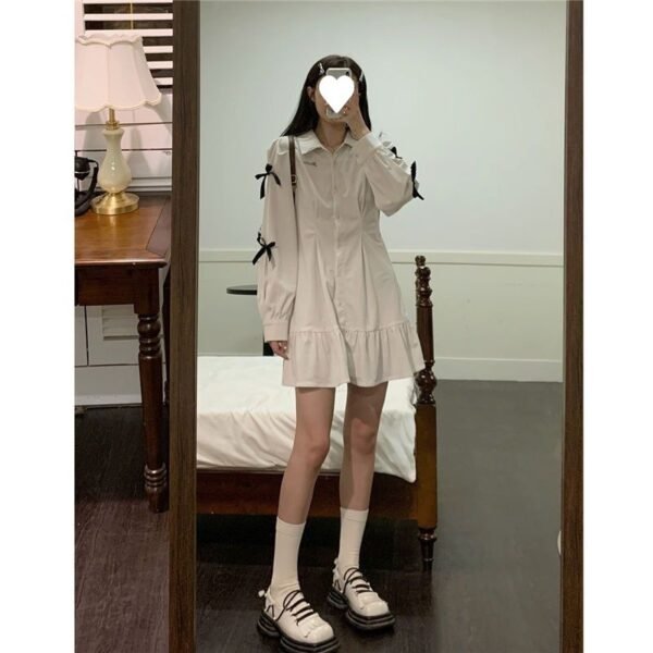 Bow Shirt Dress Women Polo Collar White Long Sleeve Short Dress - Image 4