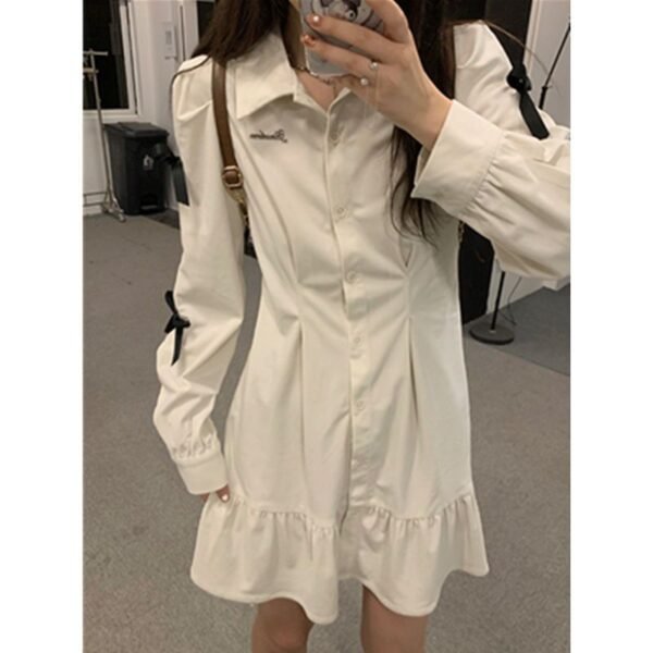 Bow Shirt Dress Women Polo Collar White Long Sleeve Short Dress - Image 3