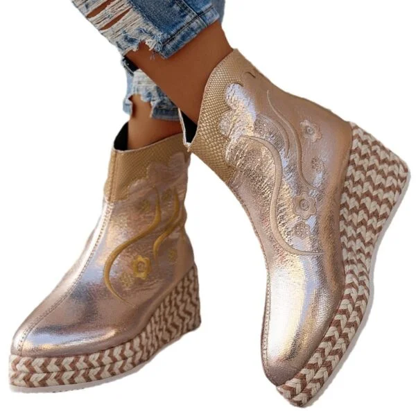 Autumn And Winter Thick Bottom Wedge Embroidered Retro Leisure Boots - Image 5