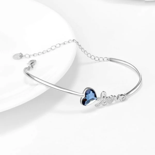 Blue Crystals from Austria Love Heart Bangle Bracelet in White Gold Plated Sterling Silver - Image 4