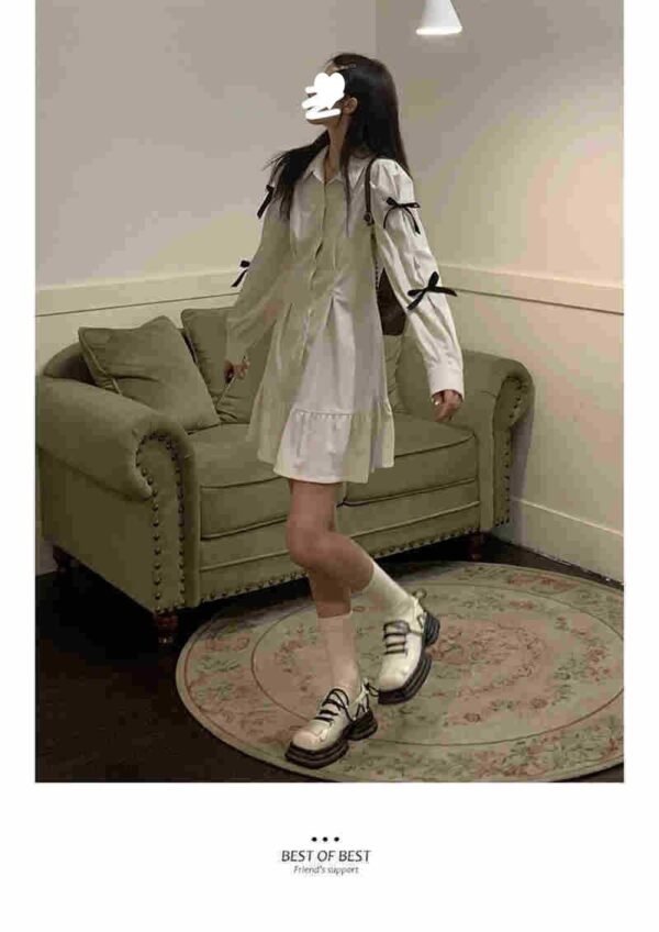 Bow Shirt Dress Women Polo Collar White Long Sleeve Short Dress - Image 10