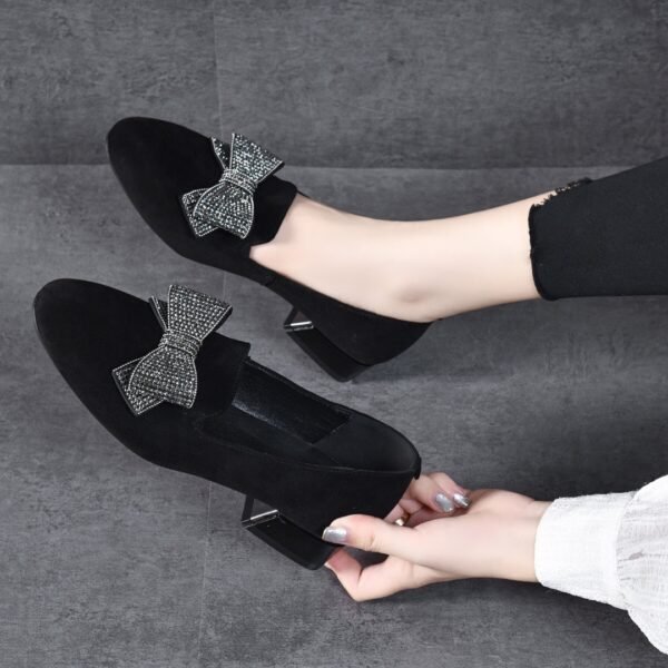 All-matching Round Toe Rhinestone Bow Leather Shoes - Image 3