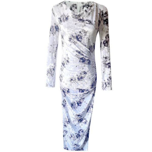 Autumn And Winter Velvet Printed Bottoming Mid-length Slim-fit Long-sleeved Temperament Female Dress - Image 7