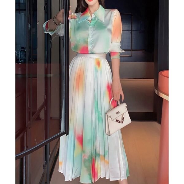 Spring New Suit Skirt Two-piece Western Style Fashionable Printed Shirt Pleated Skirt Elegant Graceful - Image 3