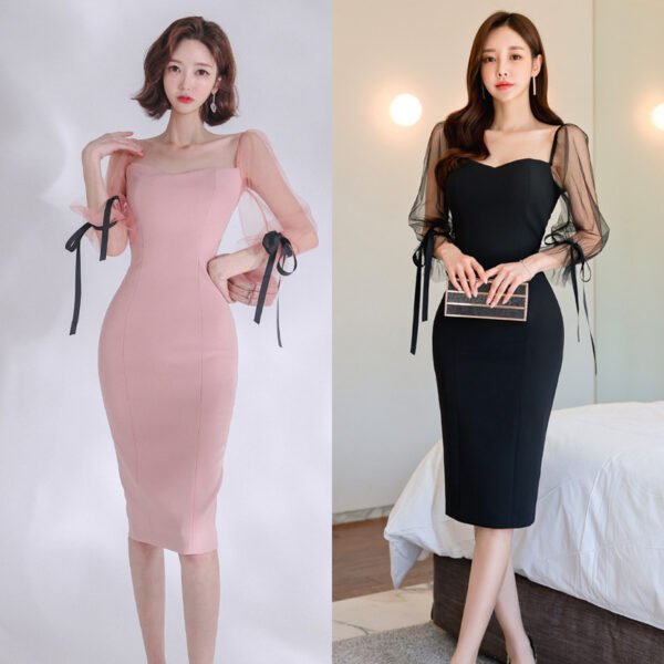 Autumn Winter Sexy Mesh Stitching Tied Dress