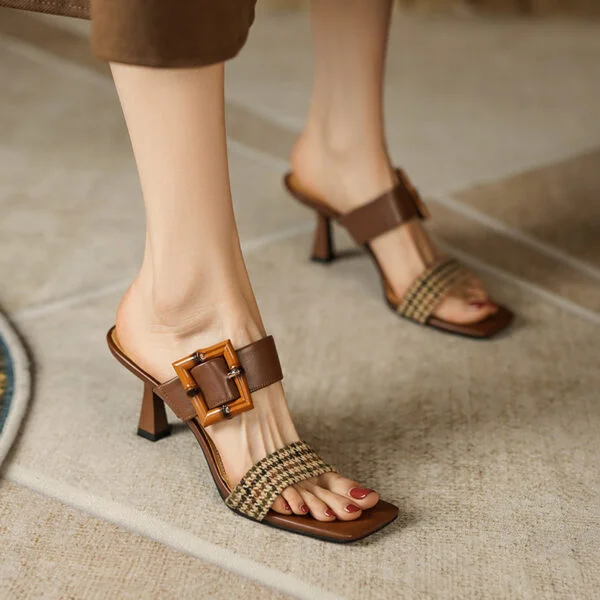 Belt Buckle Plaid Square Slippers With Stiletto Heels