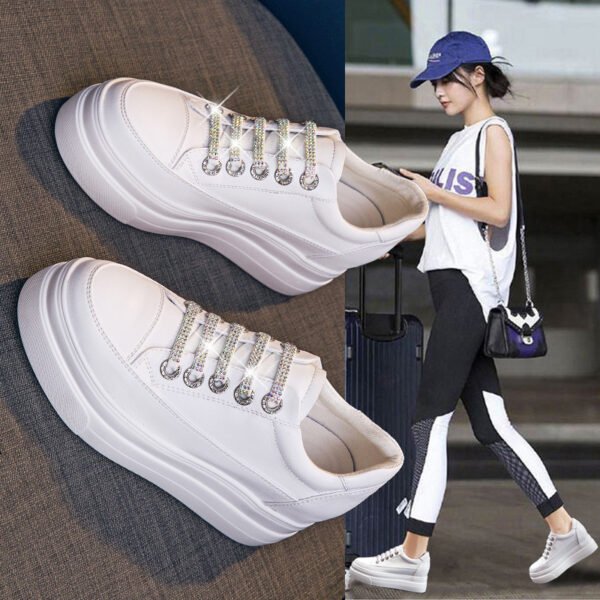 Genuine Leather Platform Versatile Casual Breathable White Muffin Height Increasing Insole Women's Board Shoes - Image 3