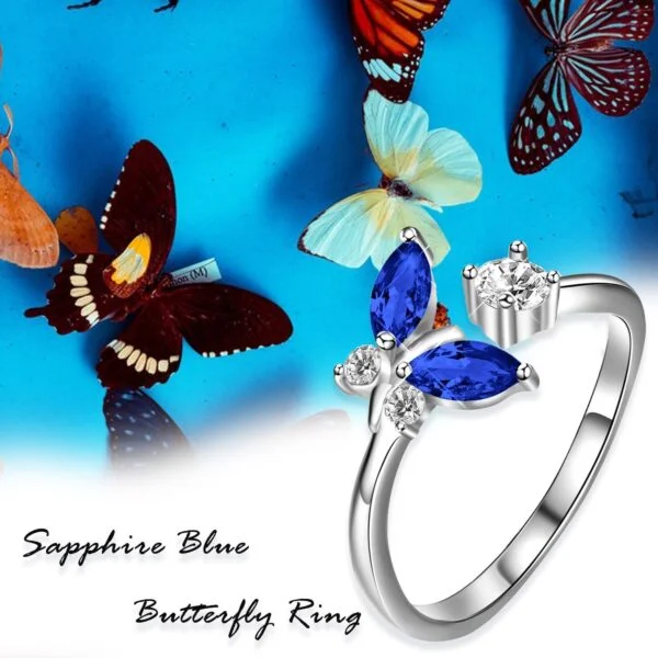 925 Sterling Silver Butterfly Ring with Sapphire Blue Crystal - Image 4