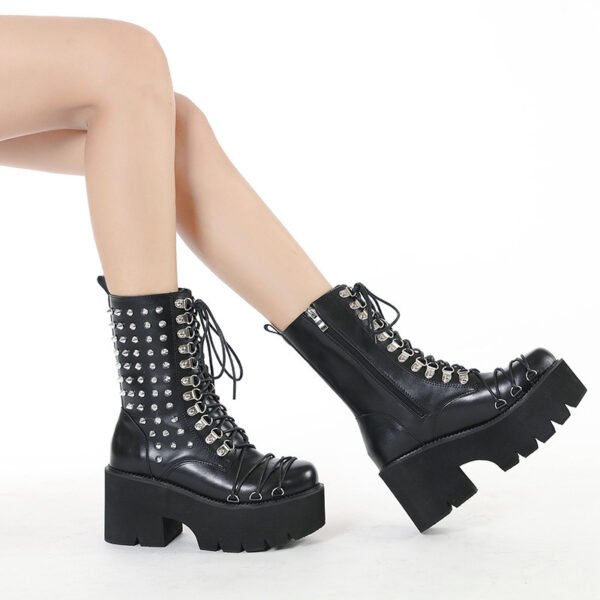 Autumn And Winter New Chunky Heel Side Zip Thick Bottom Fashion Rivet Knight Boots - Image 7