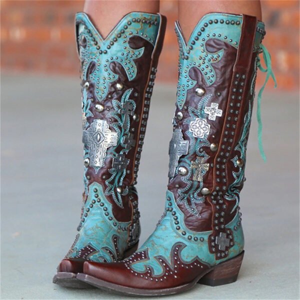 Women's Pointed Thick Heel Embroidered Printed Lace-up Mid-tube Boots - Image 6