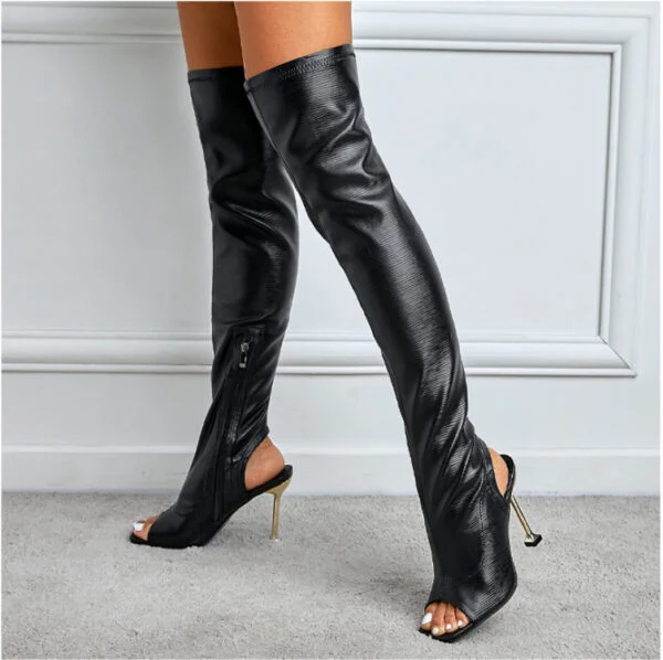 Womens Square Toe Cutout Over Knee Side Zip Cool Boots