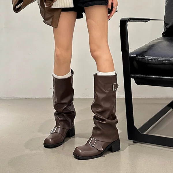 Below The Knee Long Boots Female Chunky Heel Round Head - Image 5