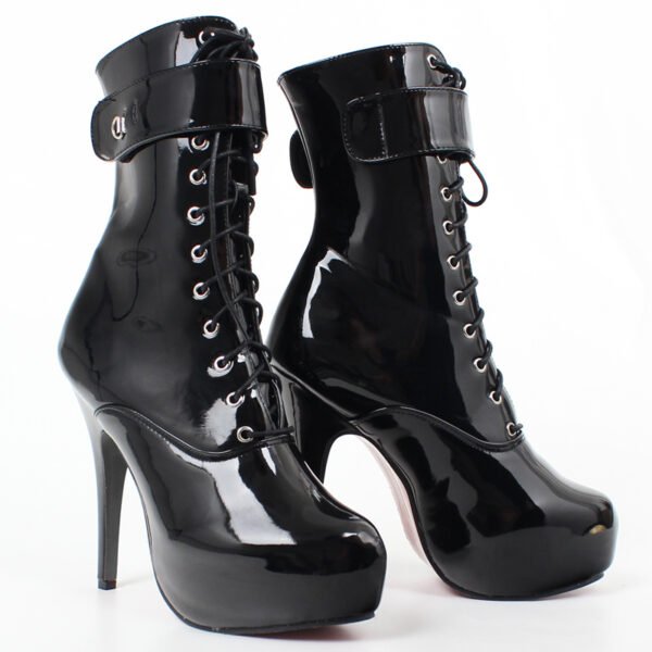 Women's High Heel Platform Lace-Up Patent Leather Short Boots - Image 5