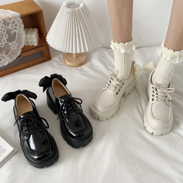 Women's Platform Platform Lace-Up Black Leather Shoes