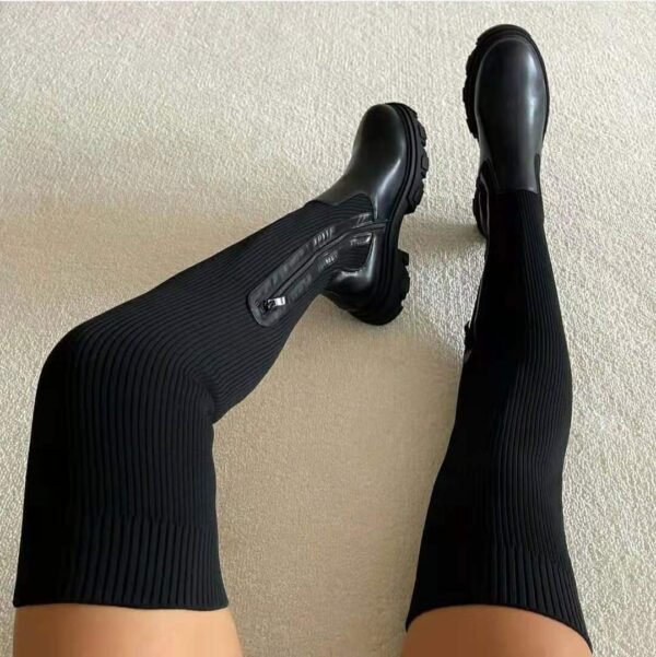 Autumn And Winter Thick Bottom Round Head Knitted Stitching Women's Over-the-knee Boots - Image 8