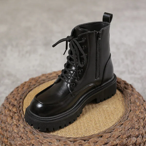 Autumn And Winter Solid Color Martin Boots For Women Fashion British Style Lace-up Short Round Toe Knight Boots - Image 3