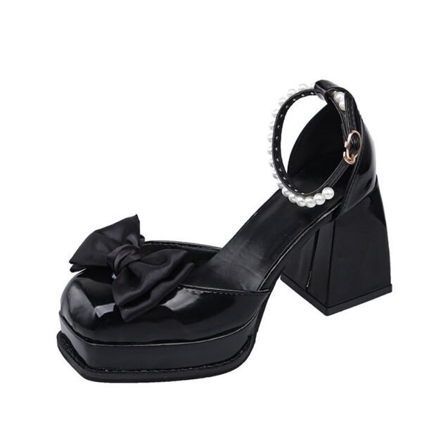 Women's New High Chunky Heel Pearl Bow Mary Jane Shoes - Image 5