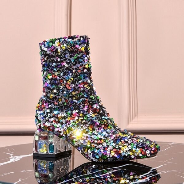 Women's Mid Heel Sequined Stretch Square Toe Booties - Image 4