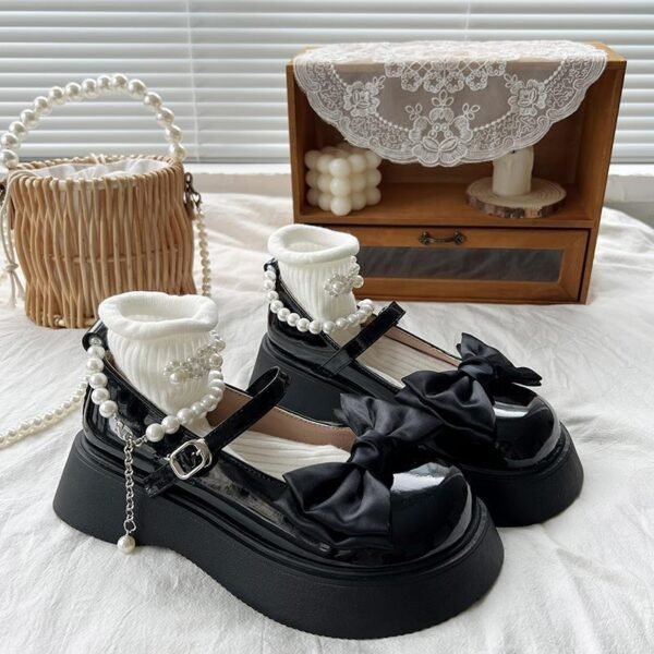 Women's Platform Pearl Bow Round Toe Shoes - Image 3