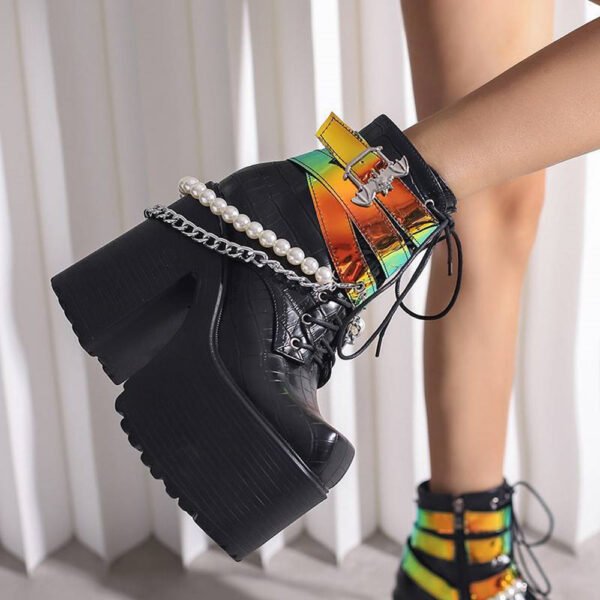 Belt Buckle Beaded Chain Women's Leather Boots