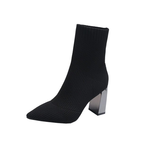 Women's Pointed Toe Chunky High Heels Socks Boots - Image 2