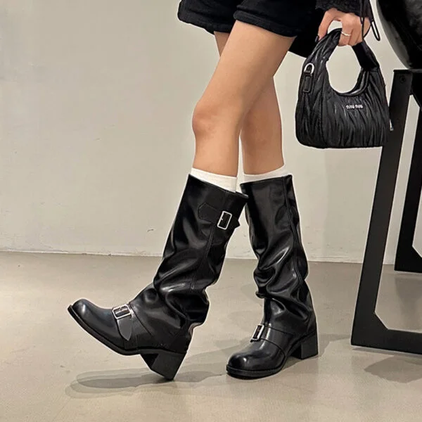 Below The Knee Long Boots Female Chunky Heel Round Head - Image 8