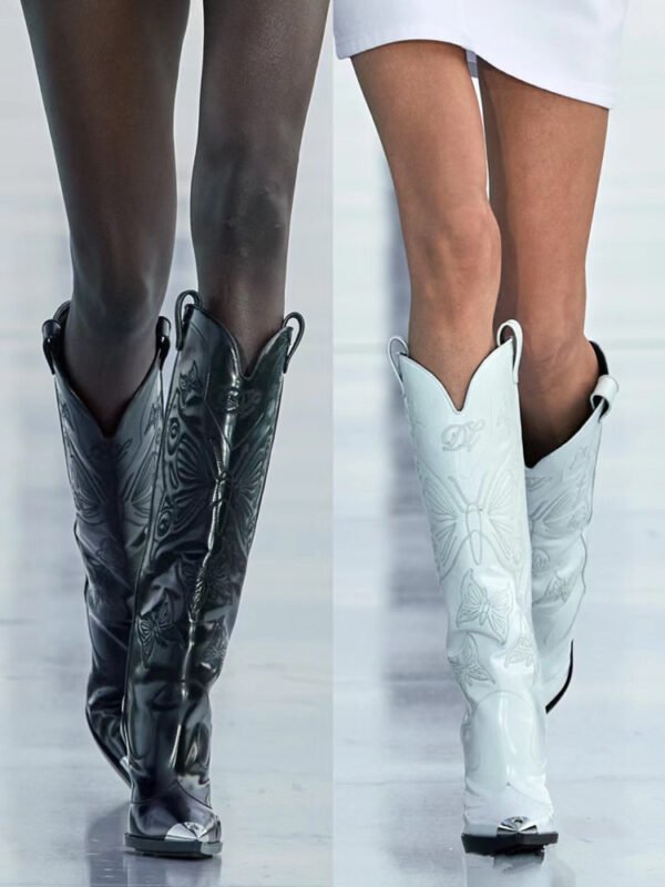 Women's High-heeled Metal Pointed-toe Bowknot Embroidered Boots - Image 9