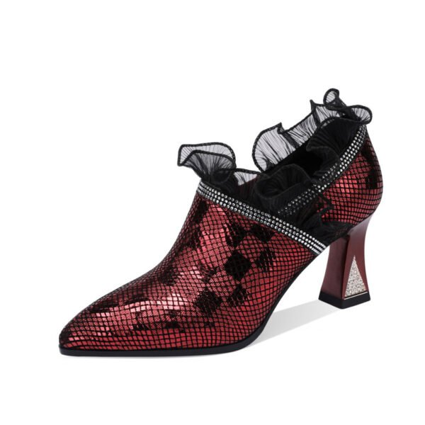 Women's Pointed Toe Chunky High Heel Lace Shoes - Image 5