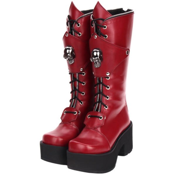 Zipper Studded Skull Punk Thick-soled High Boots - Image 6