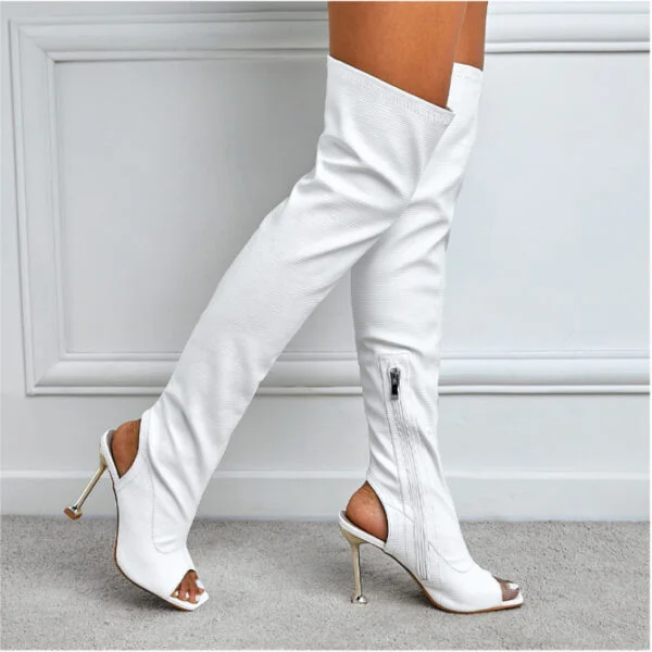 Womens Square Toe Cutout Over Knee Side Zip Cool Boots - Image 3