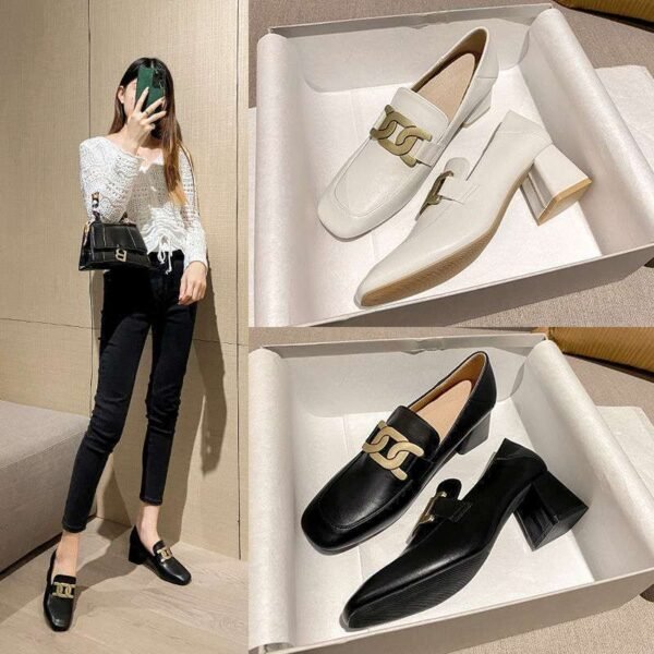 Women's Leather High-heeled Shoes All-match Thick Heel