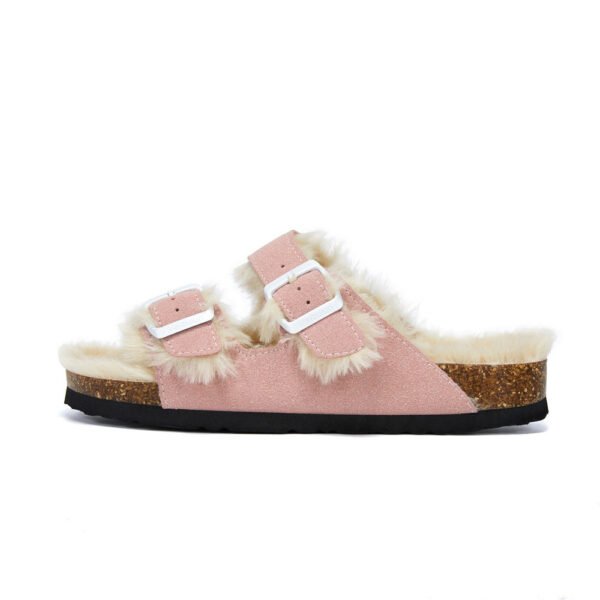 Autumn And Winter Plush Flat Bottomed Frosted Leather Boken Cork Slippers - Image 2