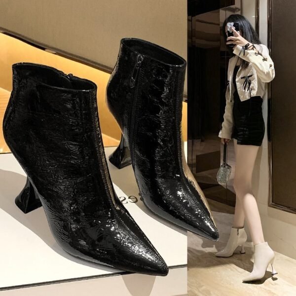 Women's Fleece Pointed Toe Patent Leather Slim Martin Boots