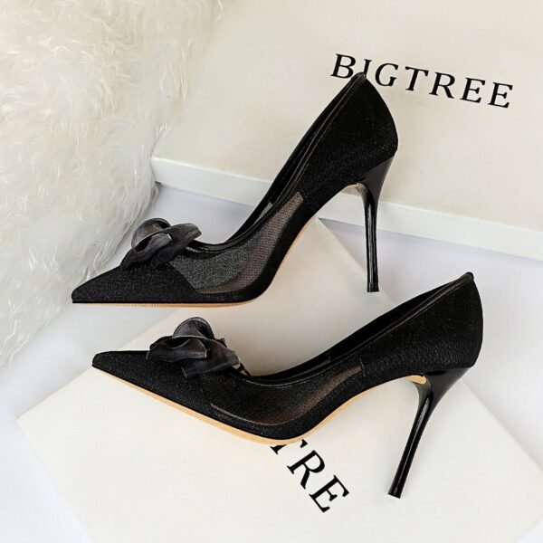 Women's Mesh Cutout Pointed Bow High Heels - Image 5