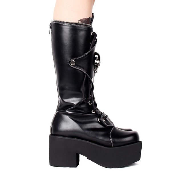 Zipper Studded Skull Punk Thick-soled High Boots - Image 2