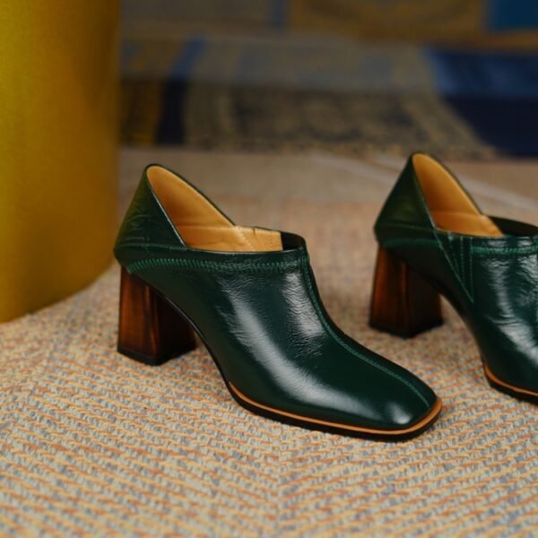 Autumn Cowhide Simple Dark Green Women's Shoes - Image 2