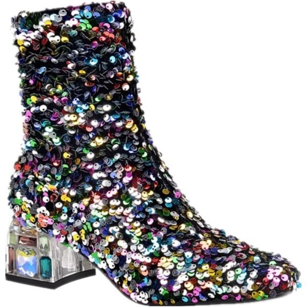 Women's Mid Heel Sequined Stretch Square Toe Booties - Image 3