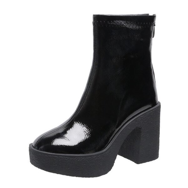 Women's Patent Leather Waterproof Platform Thick High Heel Back Zipper Short Boots - Image 6