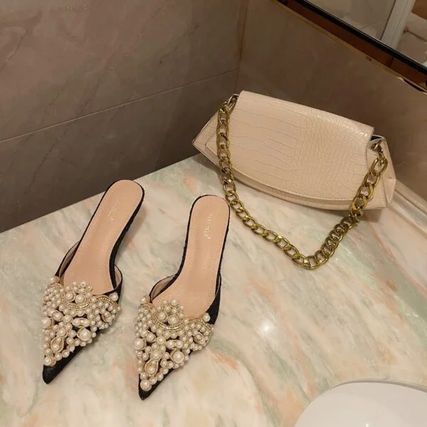 Beaded Pearl Lace Pointed Toe Stiletto Heel - Image 4