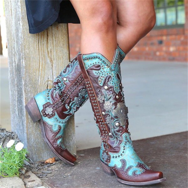 Women's Pointed Thick Heel Embroidered Printed Lace-up Mid-tube Boots - Image 5